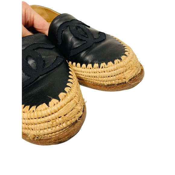 CHANEL Black Leather CC Interlocking Logo Espadrilles Flats Size 40 US 10 - Picture 9 of 10
